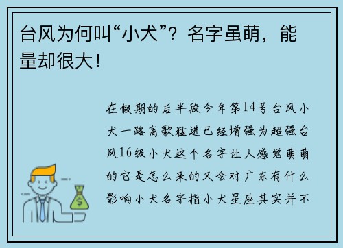 台风为何叫“小犬”？名字虽萌，能量却很大！
