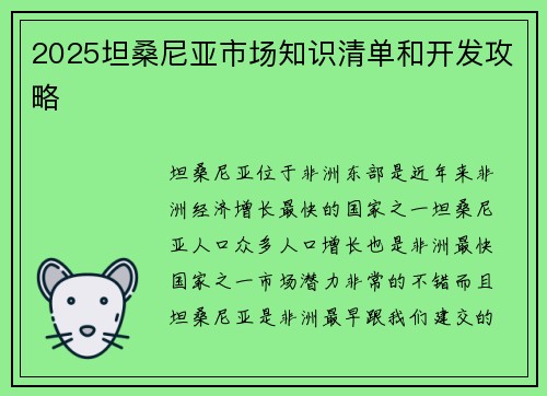 2025坦桑尼亚市场知识清单和开发攻略