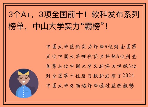3个A+，3项全国前十！软科发布系列榜单，中山大学实力“霸榜”！