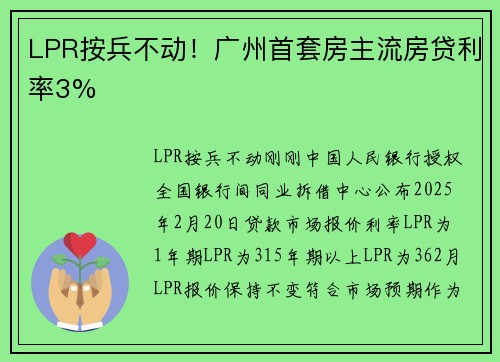 LPR按兵不动！广州首套房主流房贷利率3%