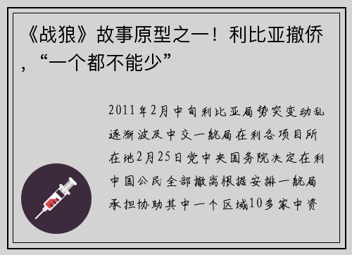 《战狼》故事原型之一！利比亚撤侨，“一个都不能少”