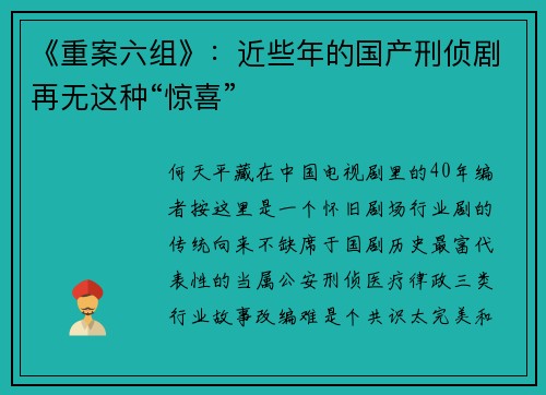 《重案六组》：近些年的国产刑侦剧再无这种“惊喜”