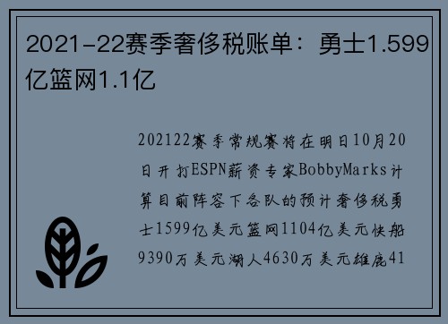 2021-22赛季奢侈税账单：勇士1.599亿篮网1.1亿