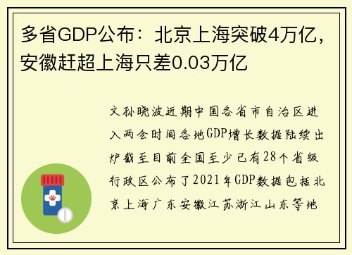 多省GDP公布：北京上海突破4万亿，安徽赶超上海只差0.03万亿