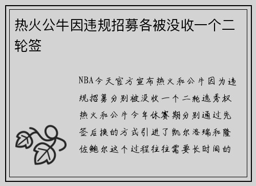 热火公牛因违规招募各被没收一个二轮签