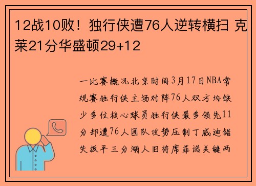 12战10败！独行侠遭76人逆转横扫 克莱21分华盛顿29+12